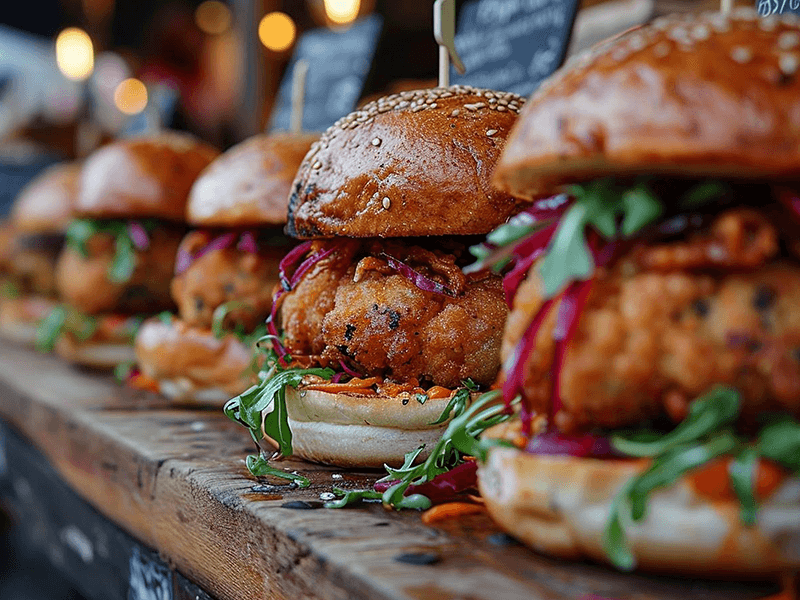 Nahaufnahme von fünf aneinandergereihten, appetitlich angerichteten Burgern, welche mit Salat garniert sind.